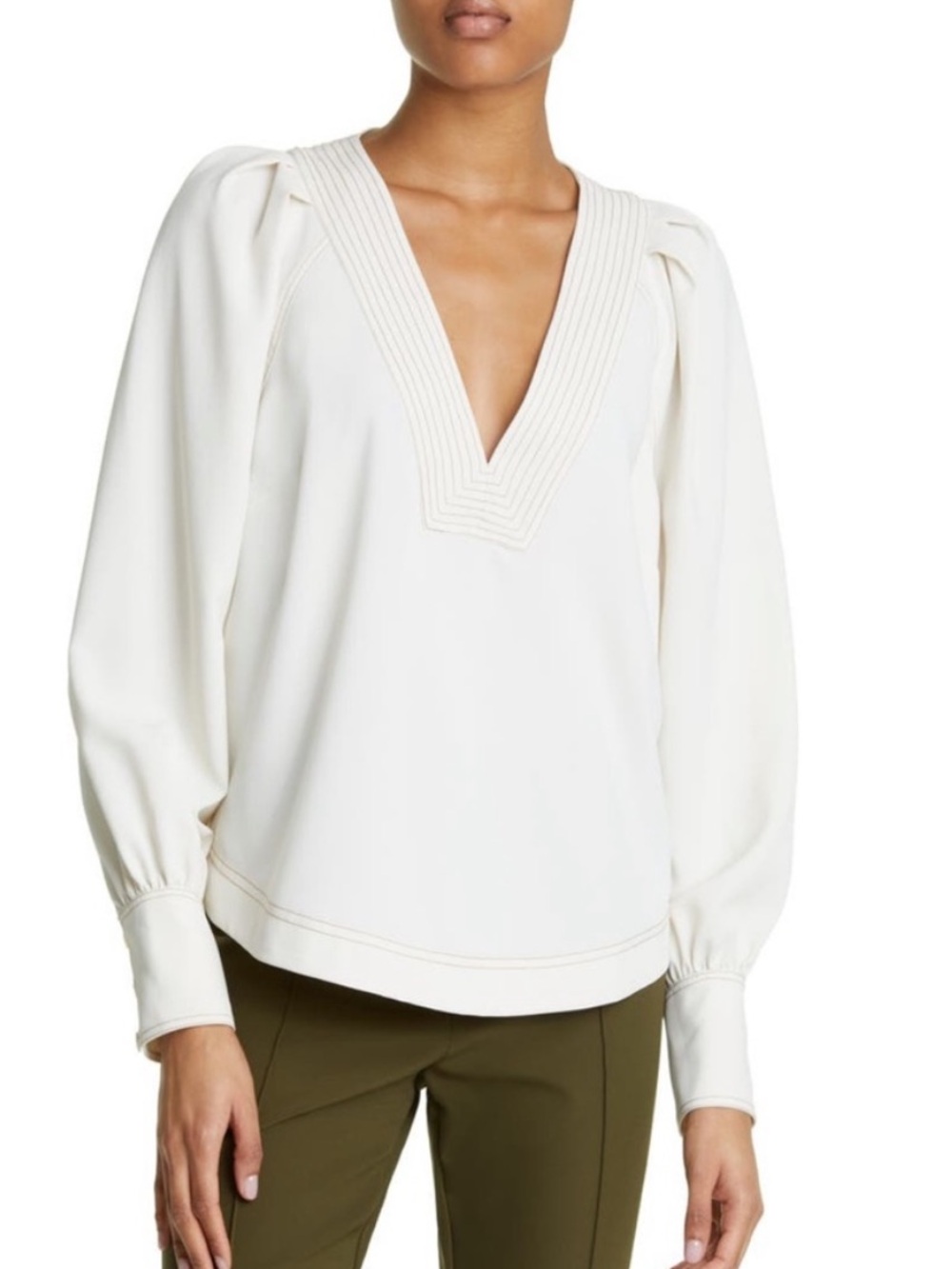 Veronica Beard‎ Osler Long Sleeve Peasant Blouse V-neck Ivory 2 Snap Pearl Cuff